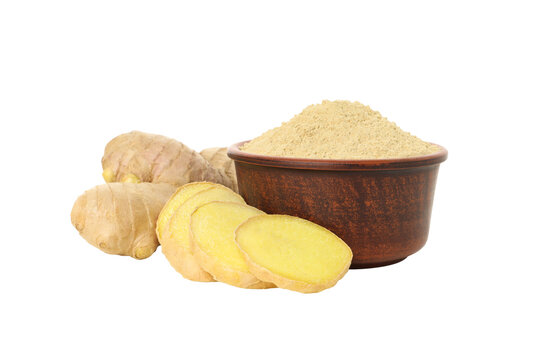 Ginger root pieces and ground ginger in bowl, isolated, PNG