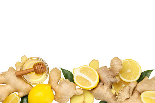 Ginger root is placed with lemon slices and honey, isolated, PNG