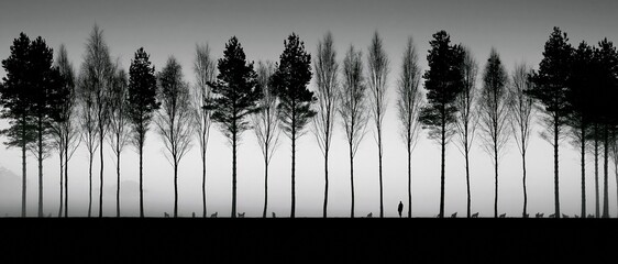 Obraz premium Monochromatic Silhouettes of Diverse Trees Lined Up Against a Misty Horizon with a Solitary Figure