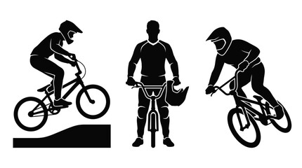 Fototapeta premium Mountain bike and BMX rider silhouettes performing jumps.