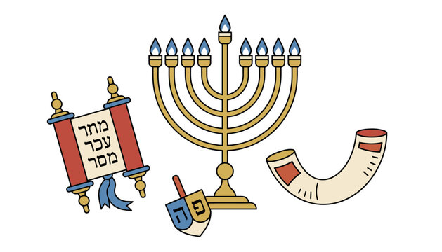 Traditional Hanukkah symbols including a nine-branched menorah, torah scroll, dreidel, and shofar horn.