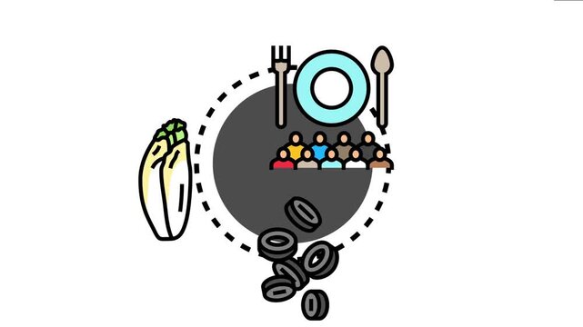 Concept depicting accurately portioned food with utensils, people, vegetables, and olives, emphasizing healthy diet and managing meal sizes