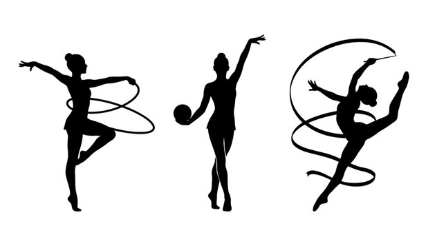 Rhythmic gymnastics silhouettes with hoop, ball, and ribbon.