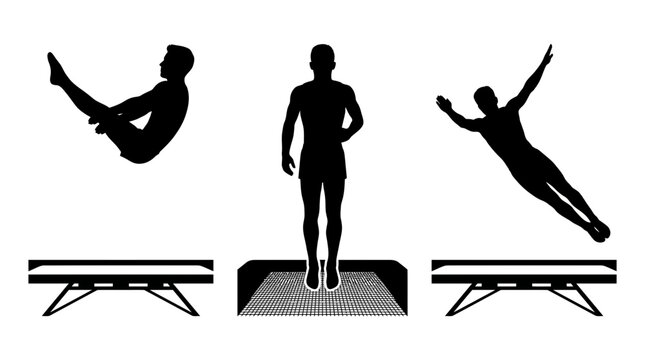 Trampoline gymnastics silhouettes showing various jump and bounce positions.