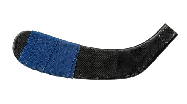 Hockey Stick Blade: A close-up shot of a black hockey stick blade, partially wrapped with blue athletic tape, showcasing the wear and tear of intense gameplay.