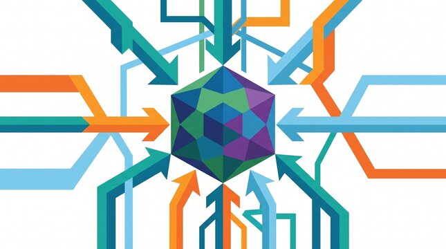 Abstract geometric hexagon icon with converging arrows on white background