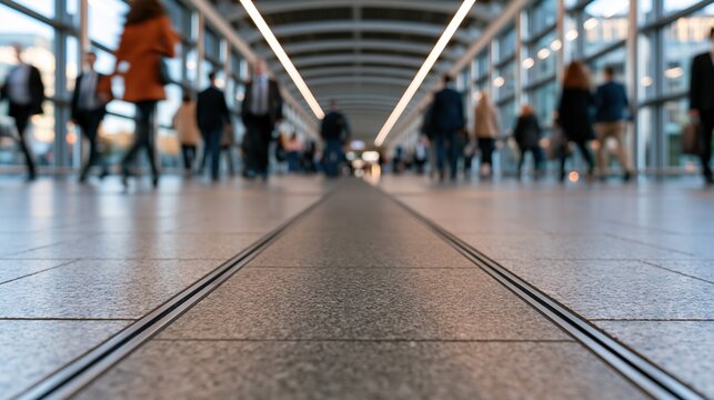 Blurred figures of commuters walking along a modern, brightly lit indoor walkway with architectural lines