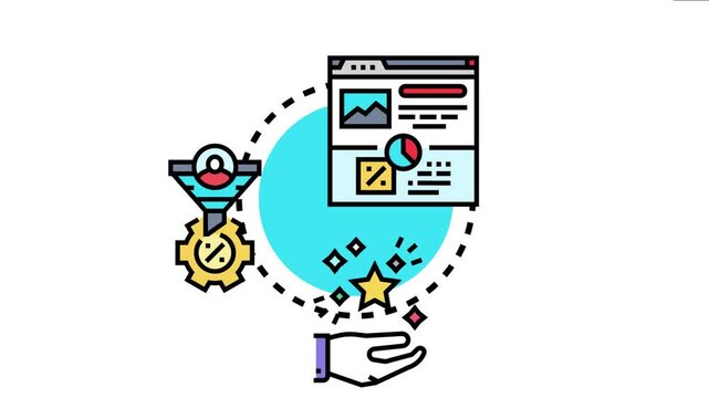 Business process icon a funnel leading to a gear with a percentage. Connecting an open hand receiving stars. And a web page displaying charts and data