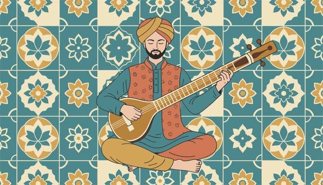 Musician in traditional Indian attire playing sitar string instrument against seamless ornamental tiled background.