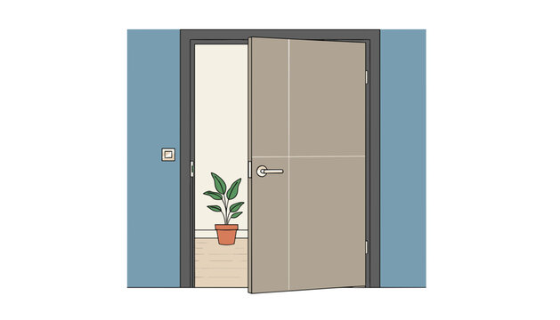 Modern brown wooden door opened slightly showing interior hallway with potted green houseplant in background.