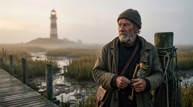 Man standing on dock with lighthouse in background