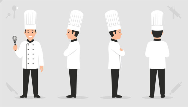 Professional male chef character model sheets showing front, profile, side, and back views for animation or graphic design.