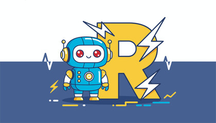 Naklejka premium Small blue robot character standing next to a large yellow letter R with electrical spark symbols on a navy and white background.