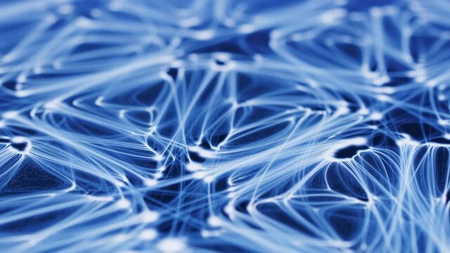 Close-up luminous filament network with converging nodes, electric blue glow, shallow depth of field, layered loops, diagonal strands, soft background blur, and radiant abstract structure