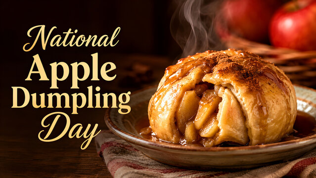 A delicious warm apple dumpling served on a plate for National Apple Dumpling Day celebration.