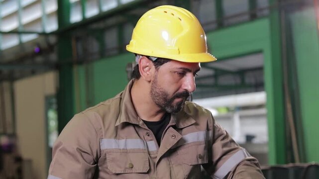 Exhausted factory worker wearing a yellow safety helmet and protective uniform in a hot industrial facility, highlighting heat, fatigue, hard labor, and challenging working conditions.