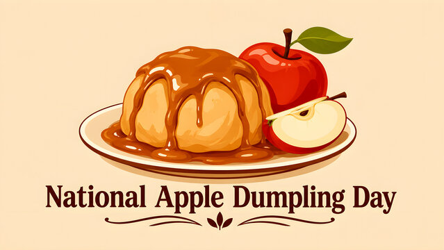 Delicious apple dumpling dessert with caramel sauce and fresh apples for National Apple Dumpling Day.