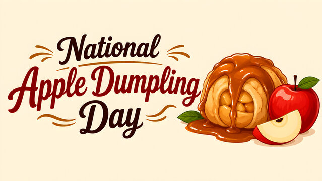 National Apple Dumpling Day celebration graphic with a delicious pastry and fresh red apple.