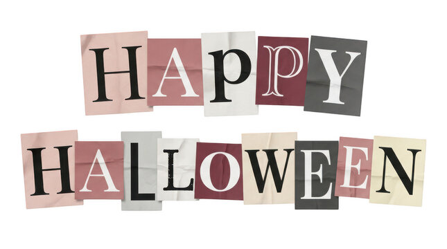Happy halloween text made with ransom note paper letters isolated on transparent background