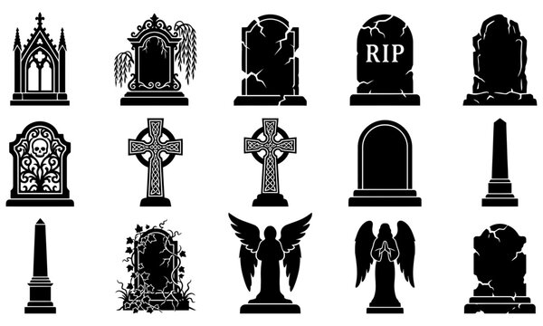 Black and white graveyard tombstones and memorial icons