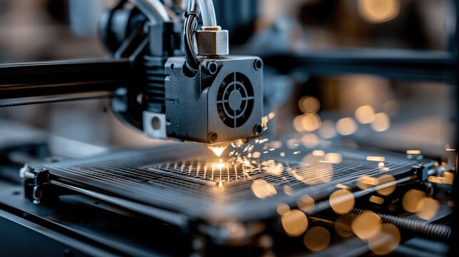 Close-up of an industrial 3D printer nozzle creating a metal object with sparks flying