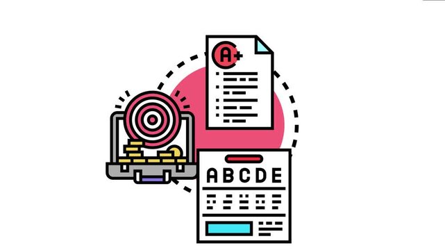 Achievement scorecard concept portraying excellent results, strategic goals, and performance evaluation through a report document, a target with coins, and an assessment form