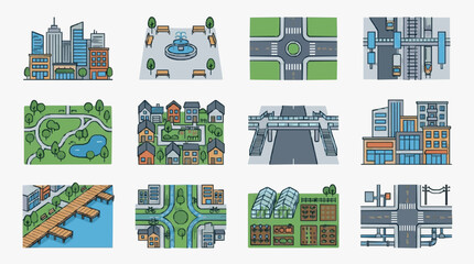Fototapeta premium Modern Urban Planning Icons Showcasing Diverse City Infrastructure Parks Buildings and Transportation Systems