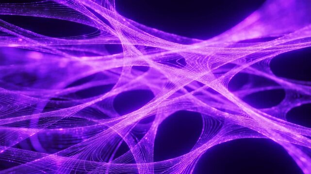 Interlaced glowing purple filaments weaving translucent mesh ribbons across deep black void with layered curves, luminous strands, vivid contrast, and futuristic abstract depth