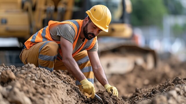 Construction worker in yellow hard hat and safety vest inspects soil at a busy outdoor worksite with heavy machinery in background
