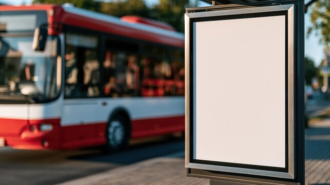 Blank advertising billboard at a bus stop with a passing public transport vehicle in the background