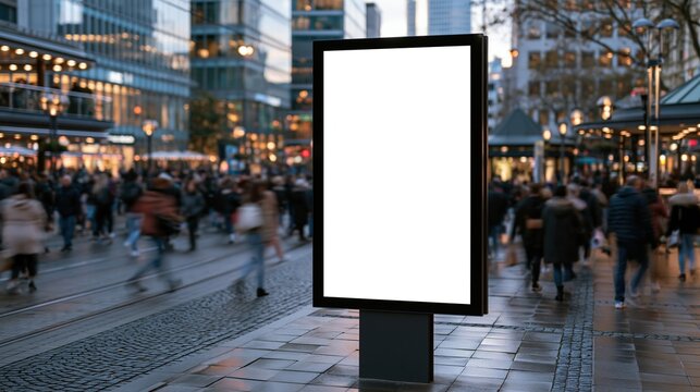 Blank digital advertising billboard mockup on a busy city street with blurred pedestrians