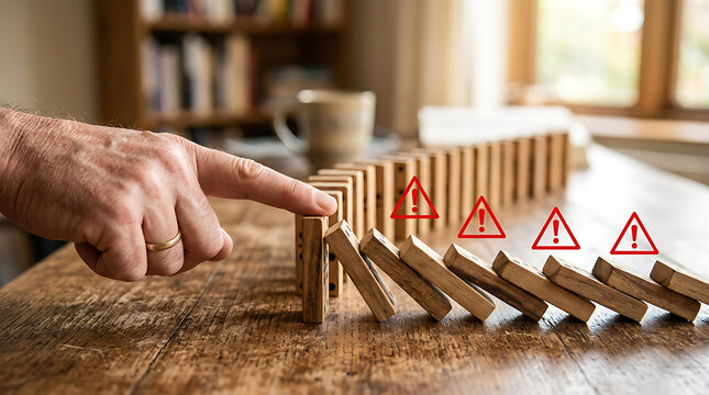 A hand initiates a domino effect with wooden blocks in a domestic setting