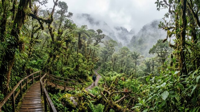 Misty forest path with lush greenery and trees