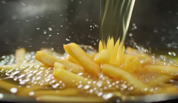French fries deep-frying in bubbling hot oil in a dark pan while golden cooking oil streams over the pile of fries. 4K video