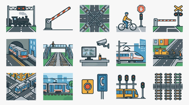 Clean Illustrated Collection of Railway and Traffic Safety Icons Signals and Scenes in Flat Design