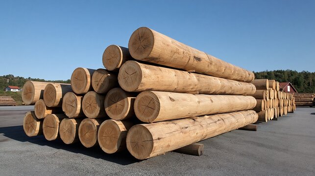 Stack of freshly cut natural wood logs piled outdoors on a sunny day, ready for processing