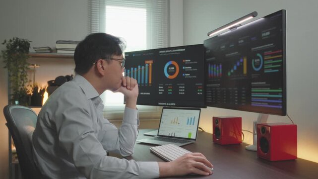 Focused Asian Professional Contemplating Financial Data at Workstation Setup.