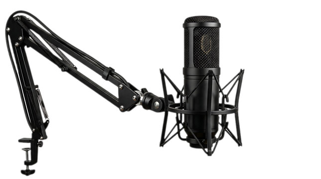Studio Microphone on Boom Arm: A professional condenser microphone is mounted on an adjustable boom arm, ready for recording audio in a studio setting.