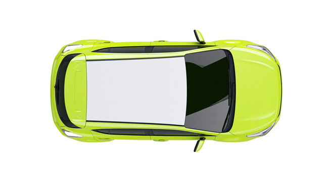 Bright lime green modern hatchback car with white roof, isolated on transparent background