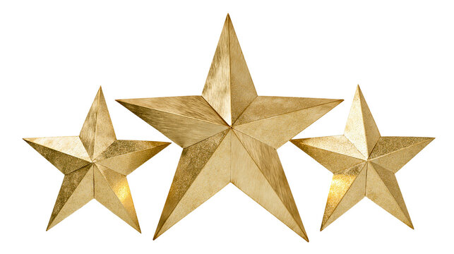 Three textured golden stars of varying sizes, isolated on transparent background
