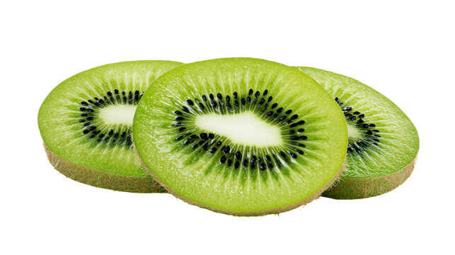 Three vibrant green kiwi fruit slices with black seeds, isolated on transparent background