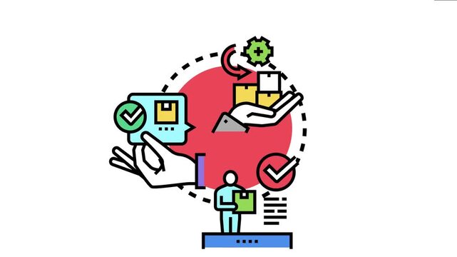 Concept depicting the digital acknowledgment and confirmation of a completed transaction, showing hands exchanging products and a person receiving an order with verification