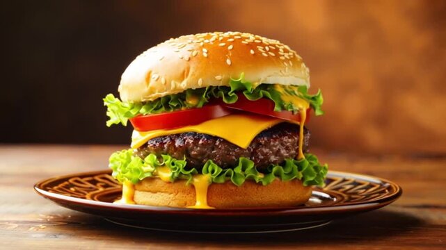 Large juicy cheeseburger with melted cheese dripping down, served on a decorative brown plate with sesame bun, beef patty, lettuce, and tomato. 4K video
