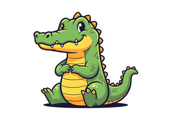 Fototapeta premium Cute Cartoon Green Dinosaur Sitting with Friendly Smile in Bright Illustration Style