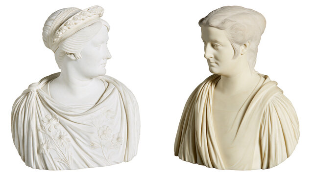 Two classical marble busts of women in draped robes, isolated on transparent background