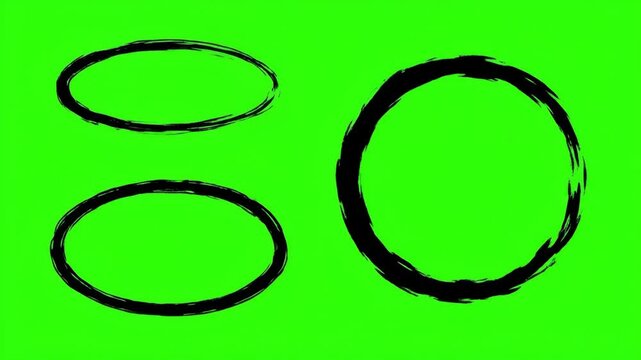 Hand Drawn Black Circles and Ovals on Chroma Key Green Background for Design Elements and Overlays
