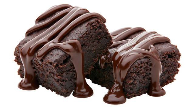 Rich dark chocolate brownies with glossy chocolate drizzle, isolated on transparent background
