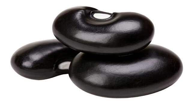 Three glossy black beans stacked and overlapping, isolated on transparent background