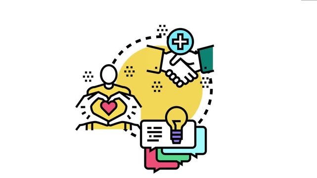Recognizing dedicated volunteer service, community support, and charity work with symbols of collaboration, human care, and idea sharing in a vibrant