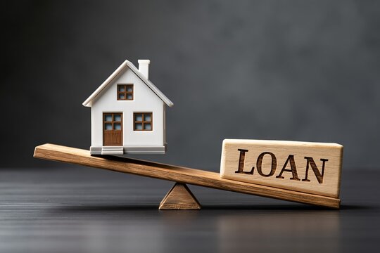 Balancing Act: Miniature House and Loan Block on Seesaw Symbolizing Mortgage Decisions